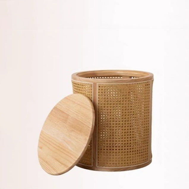 Traditional Japanese Cylinder Rubberwood Plastic Rattan End Table 1-Storage For Living Room