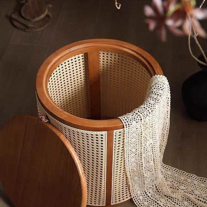 Traditional Japanese Cylinder Rubberwood Plastic Rattan End Table 1-Storage For Living Room