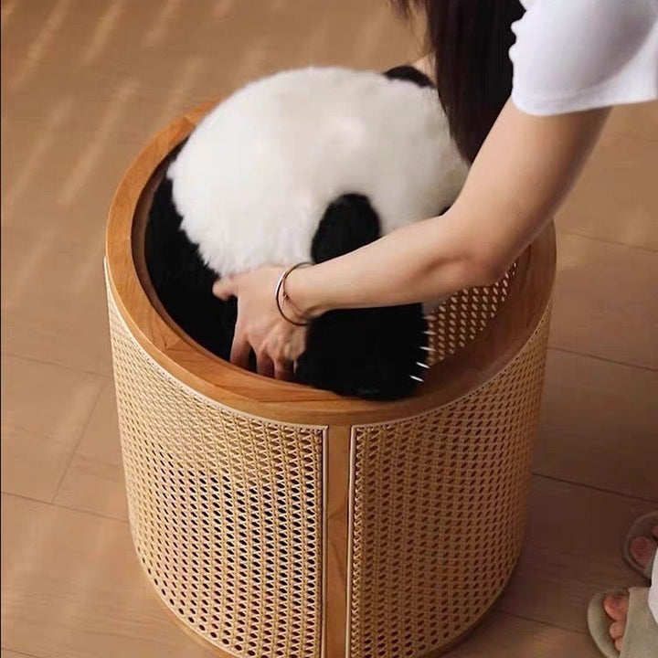 Traditional Japanese Cylinder Rubberwood Plastic Rattan End Table 1-Storage For Living Room