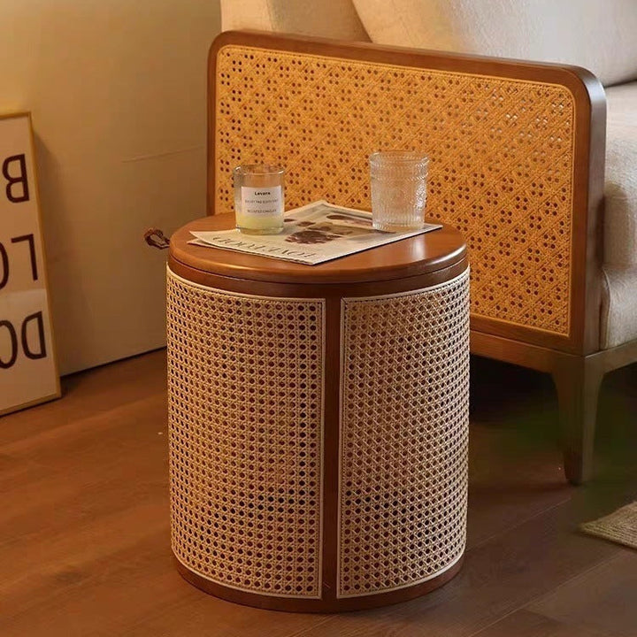 Traditioneller japanischer Beistelltisch aus Gummibaumholz, Kunststoff-Rattan in Zylinderform mit 1 Stauraumfach für das Wohnzimmer 
