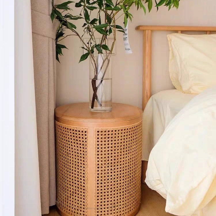 Traditional Japanese Cylinder Rubberwood Plastic Rattan End Table 1-Storage For Living Room