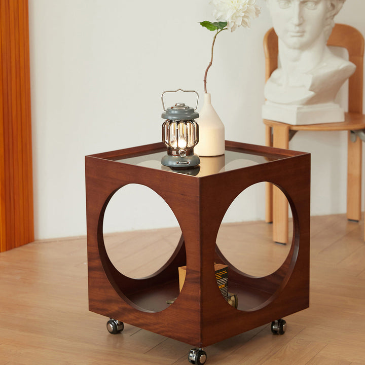 Moderner minimalistischer quadratischer Beistelltisch aus Glas und Sperrholz mit abnehmbarer Konstruktion, 2 Ebenen, für das Wohnzimmer 