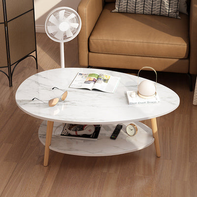 Mesa de Centro Ovalada Minimalista Moderna de Madera de 1/2 Niveles para Sala de Estar 
