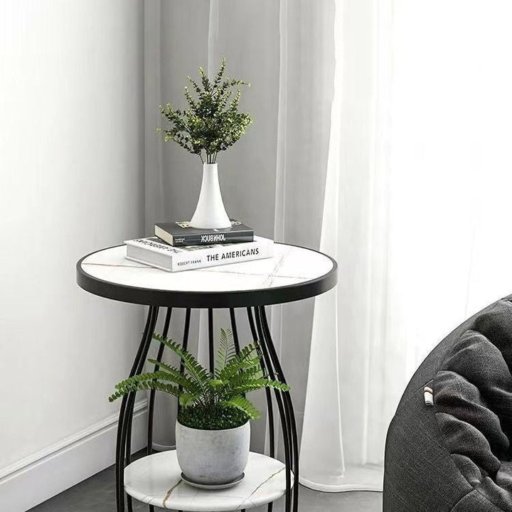 Zeitgenössischer Luxus Rundsteinplatte Eisen Beistelltisch 2-stufig für Wohnzimmer 
