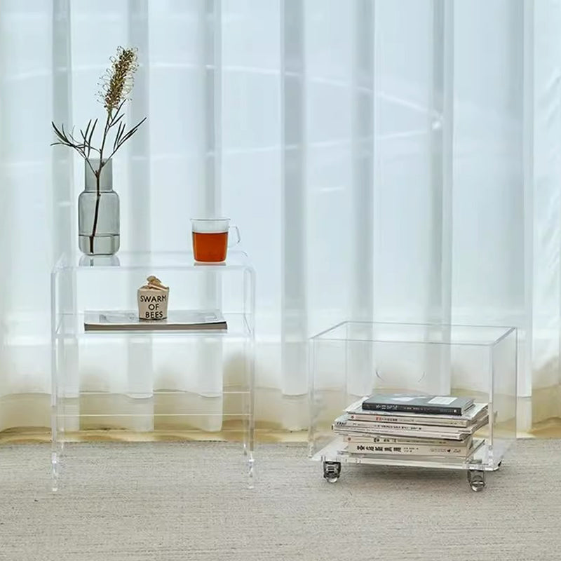 Moderner minimalistischer rechteckiger Acryl-Beistelltisch mit 1 Ablage für das Wohnzimmer 