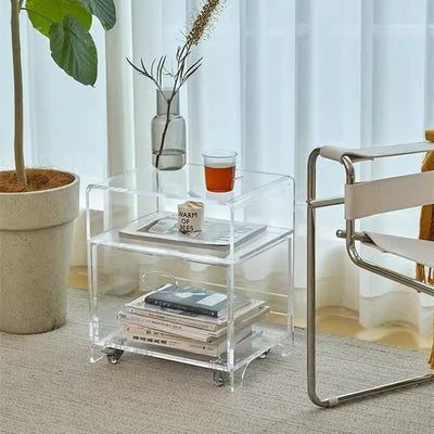 Moderner minimalistischer rechteckiger Acryl-Beistelltisch mit 1 Ablage für das Wohnzimmer 