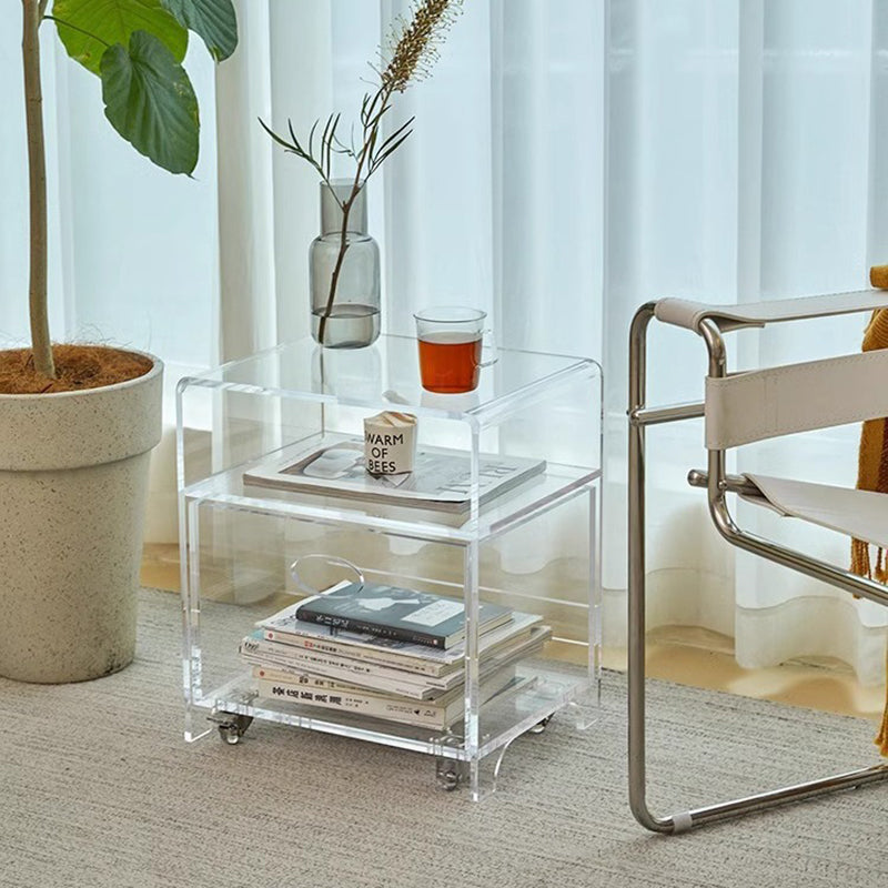 Moderner minimalistischer rechteckiger Acryl-Beistelltisch mit 1 Ablage für das Wohnzimmer 