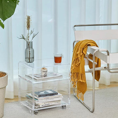 Moderner minimalistischer rechteckiger Acryl-Beistelltisch mit 1 Ablage für das Wohnzimmer 
