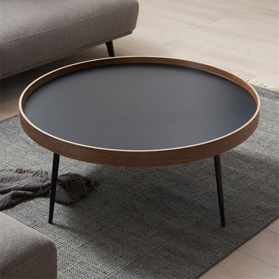 Mesa de café redonda de hierro y madera escandinava contemporánea de 1 nivel para sala de estar 