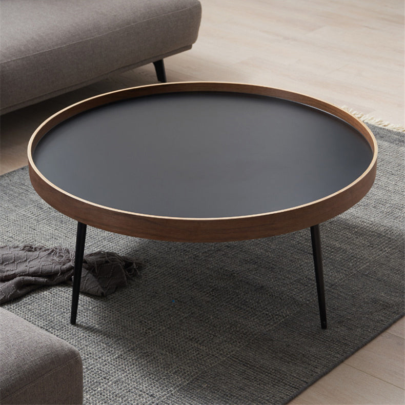 Mesa de café redonda de hierro y madera escandinava contemporánea de 1 nivel para sala de estar 