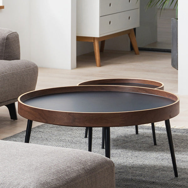 Mesa de café redonda de hierro y madera escandinava contemporánea de 1 nivel para sala de estar 