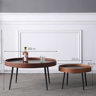 Mesa de café redonda de hierro y madera escandinava contemporánea de 1 nivel para sala de estar 