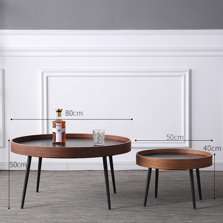 Mesa de café redonda de hierro y madera escandinava contemporánea de 1 nivel para sala de estar 