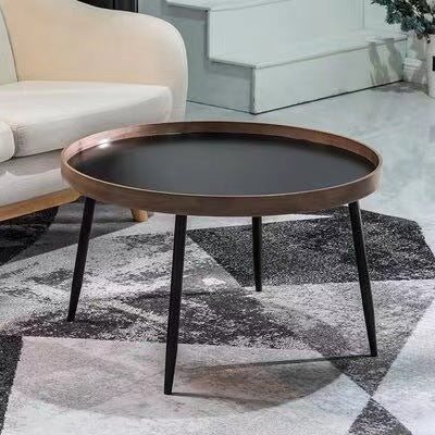 Mesa de café redonda de hierro y madera escandinava contemporánea de 1 nivel para sala de estar 