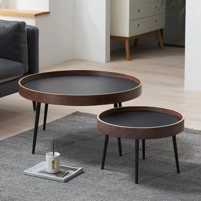 Mesa de café redonda de hierro y madera escandinava contemporánea de 1 nivel para sala de estar 