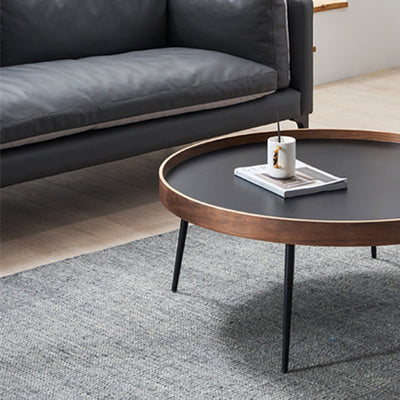 Mesa de café redonda de hierro y madera escandinava contemporánea de 1 nivel para sala de estar 
