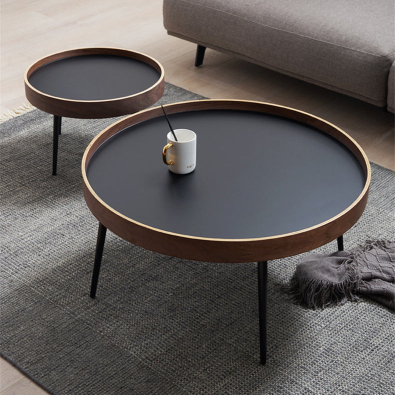 Mesa de café redonda de hierro y madera escandinava contemporánea de 1 nivel para sala de estar 