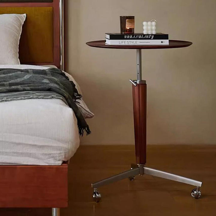 Traditional Vintage Round Walnut Ash Stainless Steel End Table 1-Tier For Living Room