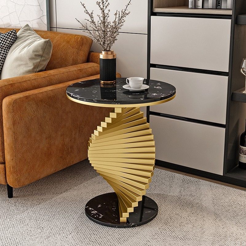 Contemporary Luxury Round Iron Marble Side Table 2-Tier For Living Room