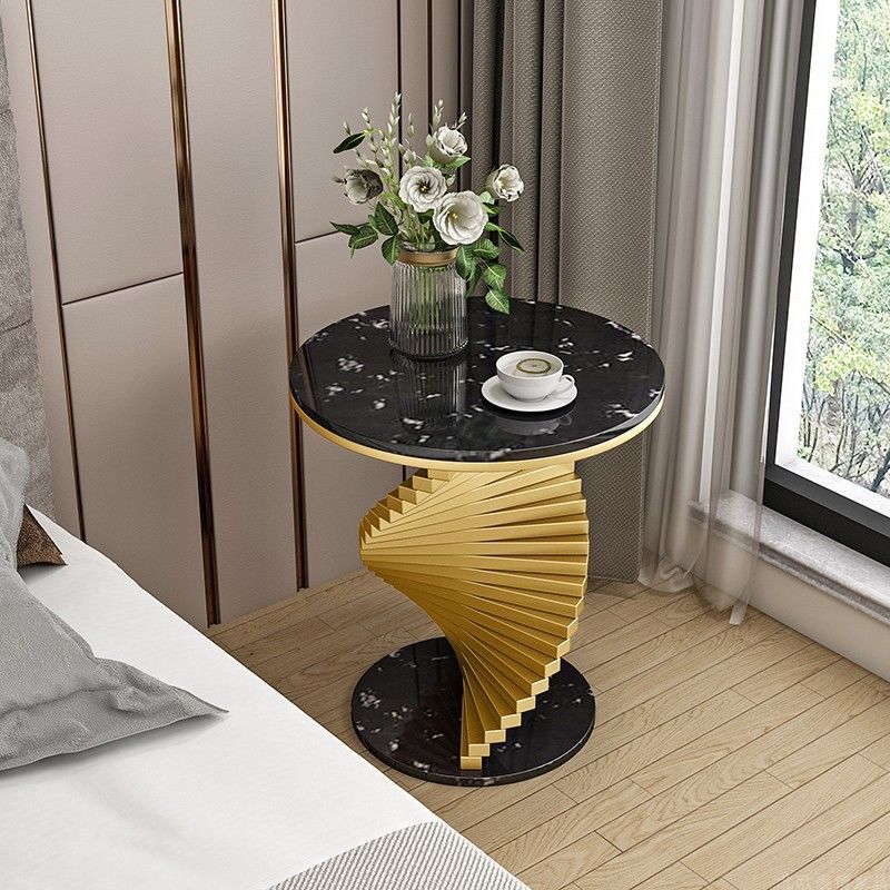 Contemporary Luxury Round Iron Marble Side Table 2-Tier For Living Room