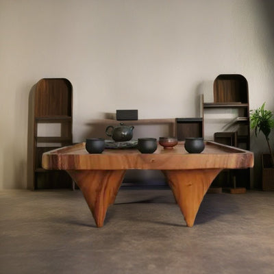 Traditional Japanese Round Square Wood Coffee Table 1-Tier For Living Room