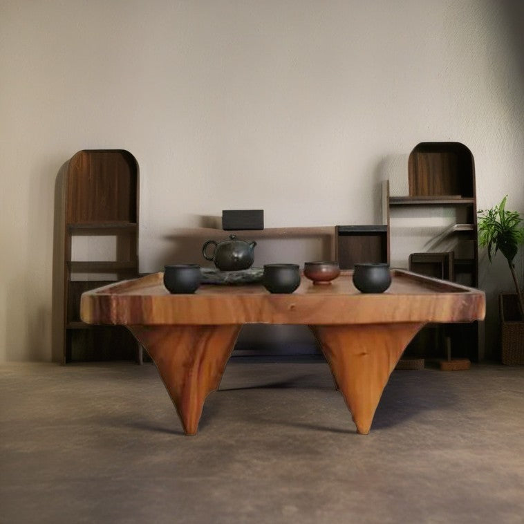 Traditional Japanese Round Square Wood Coffee Table 1-Tier For Living Room