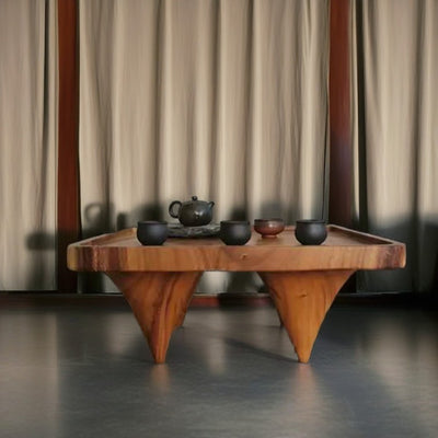 Traditional Japanese Round Square Wood Coffee Table 1-Tier For Living Room