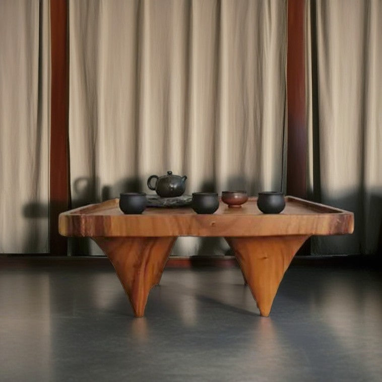 Traditional Japanese Round Square Wood Coffee Table 1-Tier For Living Room