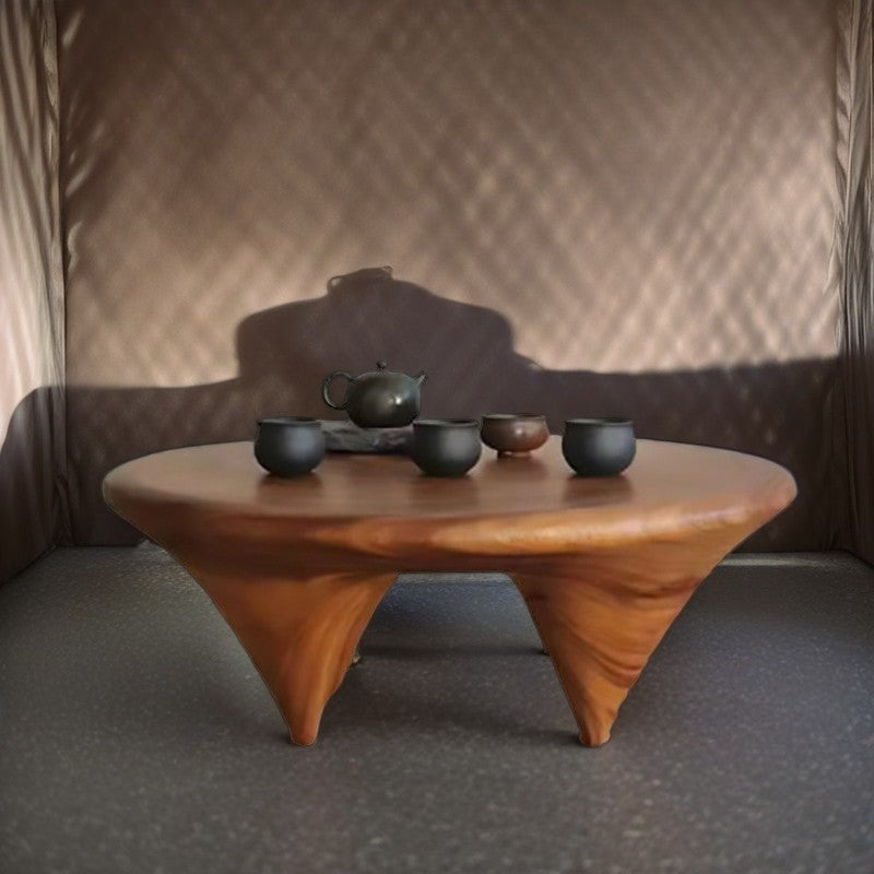 Traditional Japanese Round Square Wood Coffee Table 1-Tier For Living Room