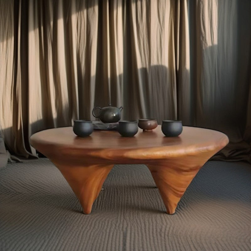Traditional Japanese Round Square Wood Coffee Table 1-Tier For Living Room