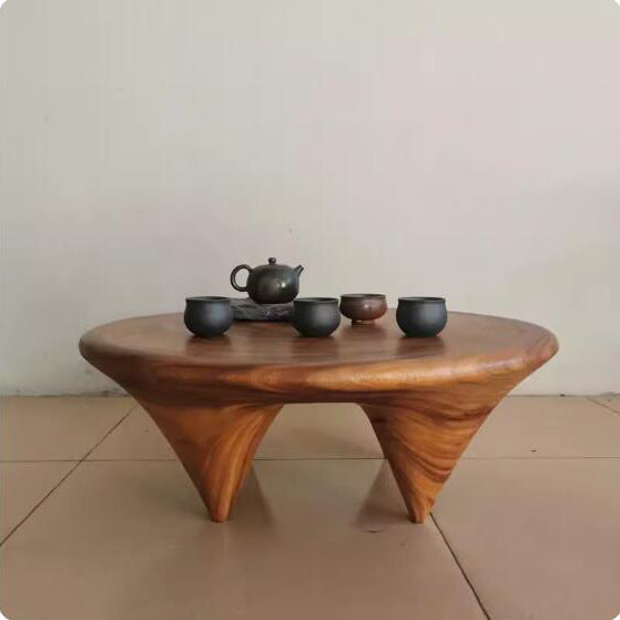Traditional Japanese Round Square Wood Coffee Table 1-Tier For Living Room