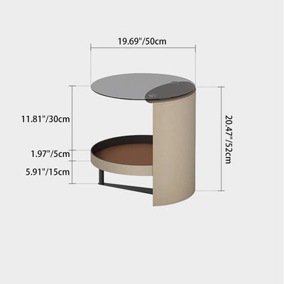 Zeitgenössischer nordischer runder Eisen-Glas-Sattel-Leder-Beistelltisch 2-stufig für das Wohnzimmer 