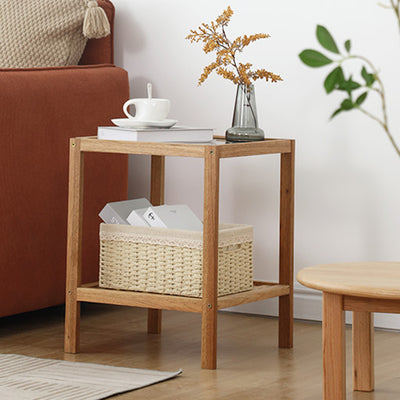 Traditional Japanese Square Wood Glass End Table 2-Tier For Living Room
