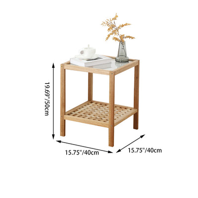 Traditional Japanese Square Wood Glass End Table 2-Tier For Living Room