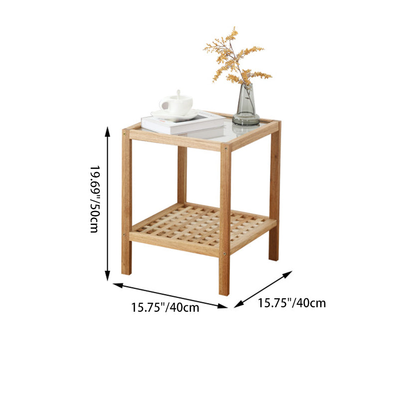 Traditional Japanese Square Wood Glass End Table 2-Tier For Living Room