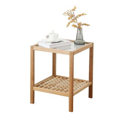 Traditional Japanese Square Wood Glass End Table 2-Tier For Living Room