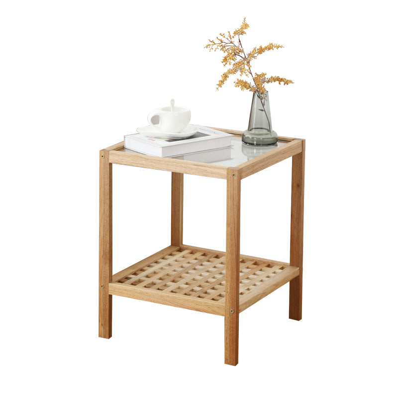 Traditional Japanese Square Wood Glass End Table 2-Tier For Living Room