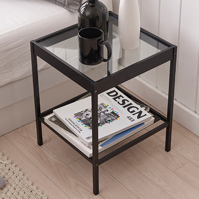 Mesa de Centro Moderna Minimalista Cuadrada de Bambú y Vidrio de 2 Niveles para Sala de Estar 