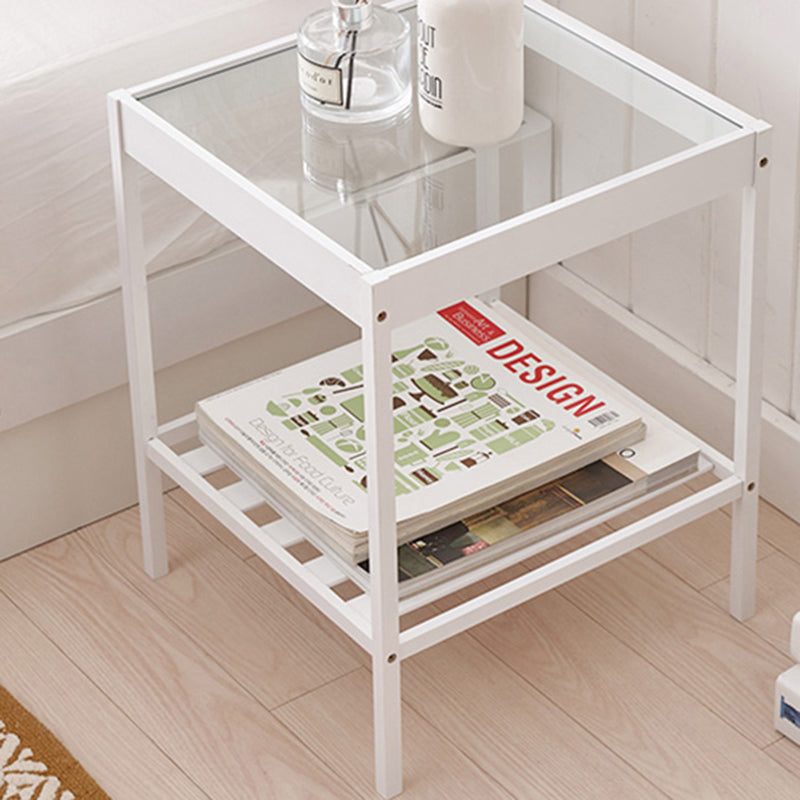 Mesa de Centro Moderna Minimalista Cuadrada de Bambú y Vidrio de 2 Niveles para Sala de Estar 
