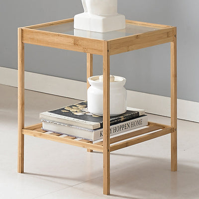 Mesa de Centro Moderna Minimalista Cuadrada de Bambú y Vidrio de 2 Niveles para Sala de Estar 