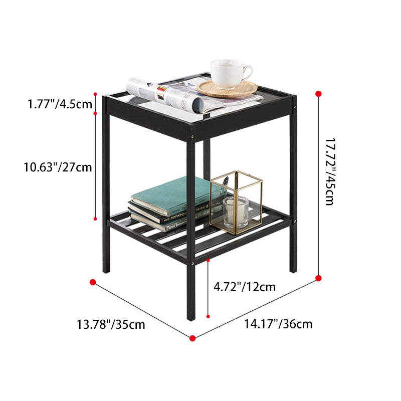 Mesa de Centro Moderna Minimalista Cuadrada de Bambú y Vidrio de 2 Niveles para Sala de Estar 