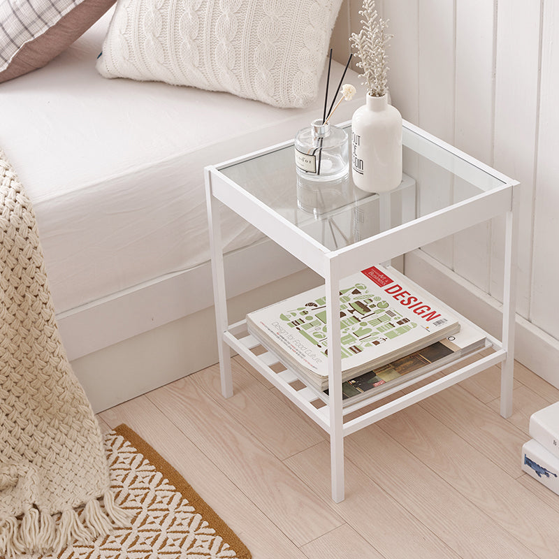 Mesa de Centro Moderna Minimalista Cuadrada de Bambú y Vidrio de 2 Niveles para Sala de Estar 