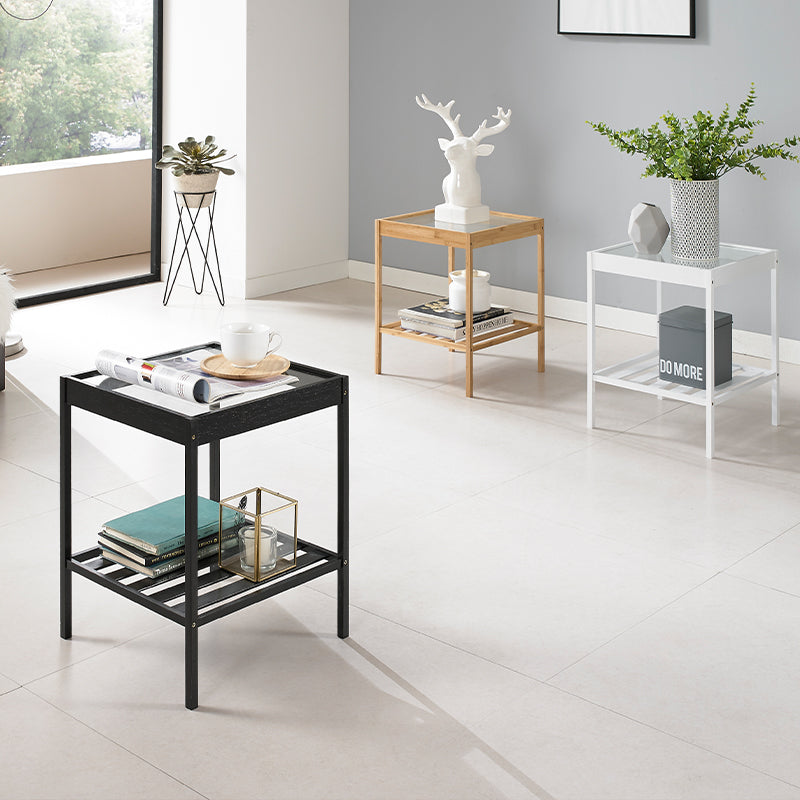 Mesa de Centro Moderna Minimalista Cuadrada de Bambú y Vidrio de 2 Niveles para Sala de Estar 