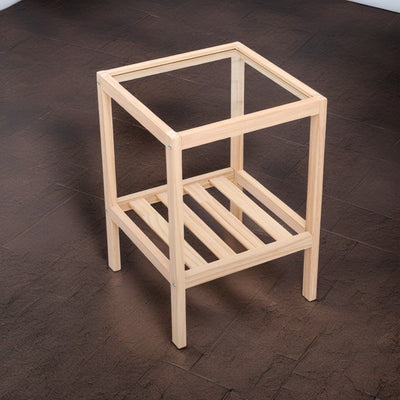 Table d'extrémité carrée minimaliste moderne en bois et verre à 2 niveaux pour salon 