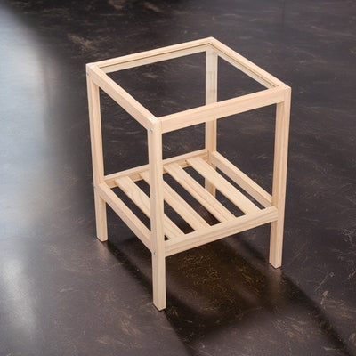 Table d'extrémité carrée minimaliste moderne en bois et verre à 2 niveaux pour salon 