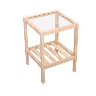 Table d'extrémité carrée minimaliste moderne en bois et verre à 2 niveaux pour salon 