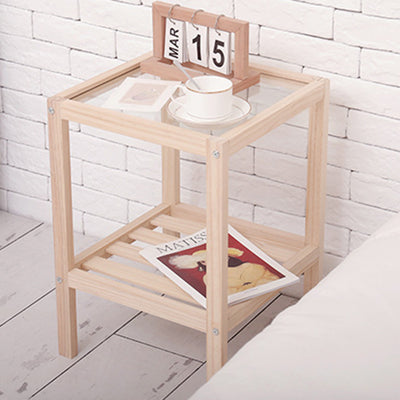 Table d'extrémité carrée minimaliste moderne en bois et verre à 2 niveaux pour salon 