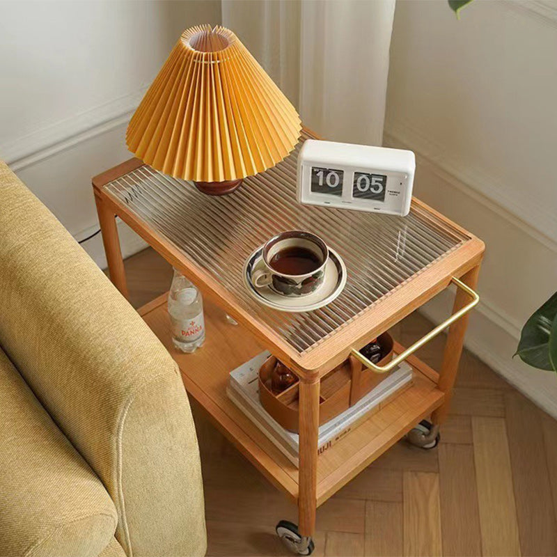 Moderner rechteckiger Beistelltisch im nordischen Stil aus Kirschholz, Paulownia-Holzfurnier, Messing und Glas, 2 Ebenen, für das Wohnzimmer 