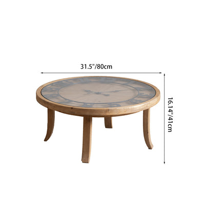 Mesa de café redonda rústica tradicional de madera, hierro y vidrio de 1 nivel para sala de estar 