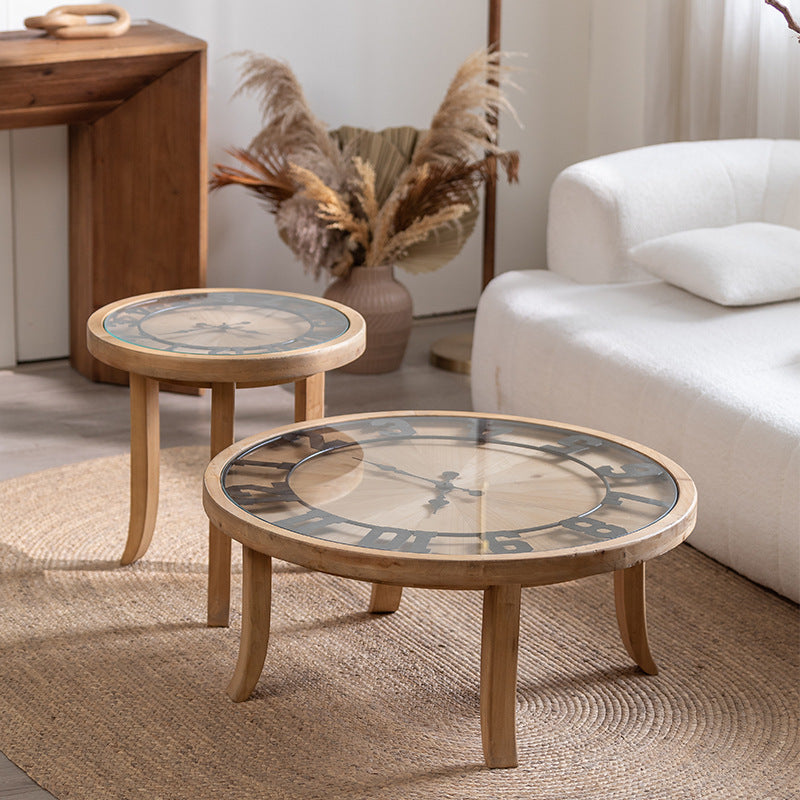 Mesa de café redonda rústica tradicional de madera, hierro y vidrio de 1 nivel para sala de estar 